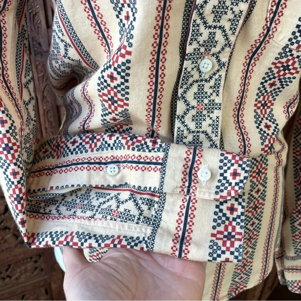 Gitman Bros Vintage Cream Button-Up Shirt with western cross stitch print - Picture 9 of 16